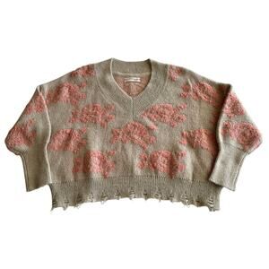 by Anthropologie Luclia Distressed Hem Boxy Floral Intarsia V Neck Sweater S P‎